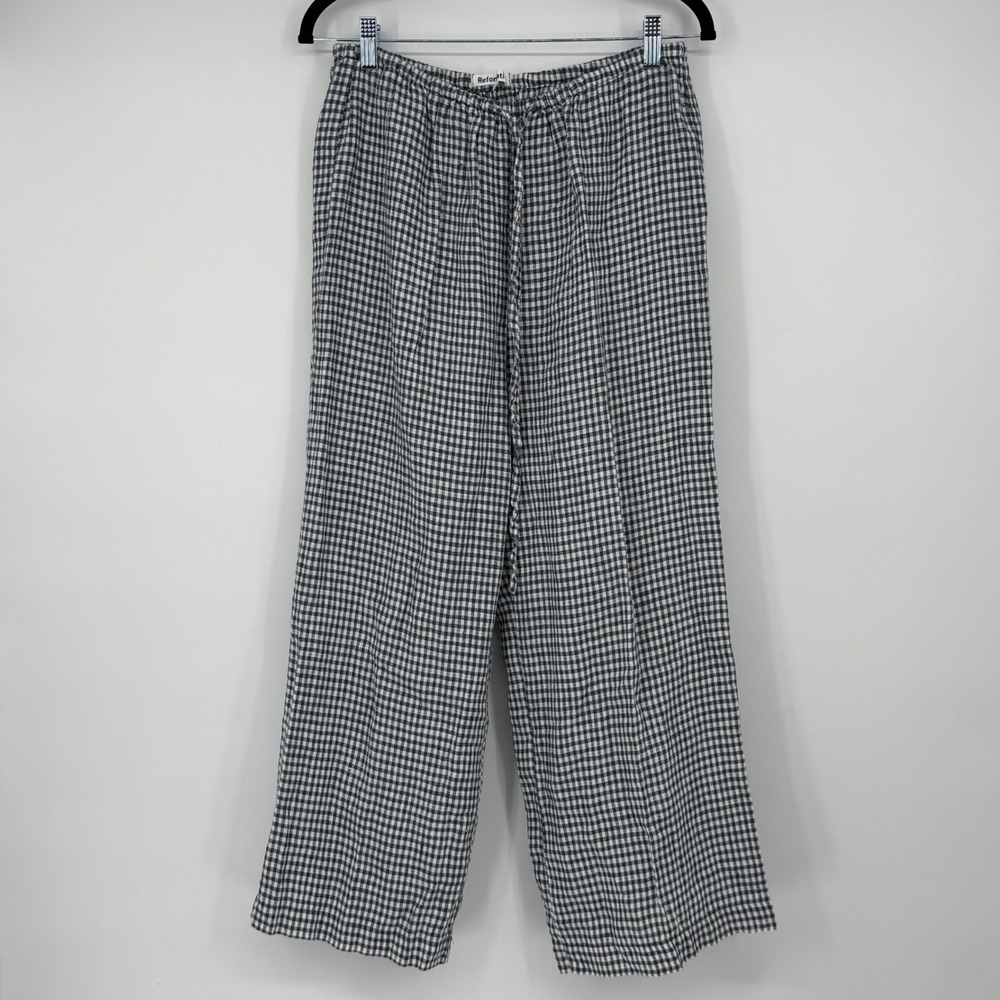 Reformation Olina Linen Pants Medium Blue White Gingham Wide Leg Drawstring